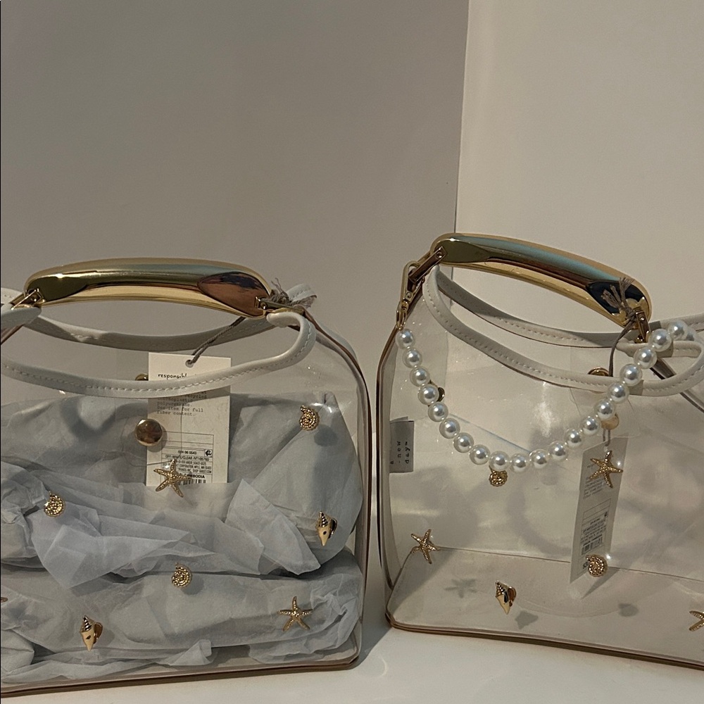 A New Day Clear beach Bag with Gold Trim  with pearl bag charm